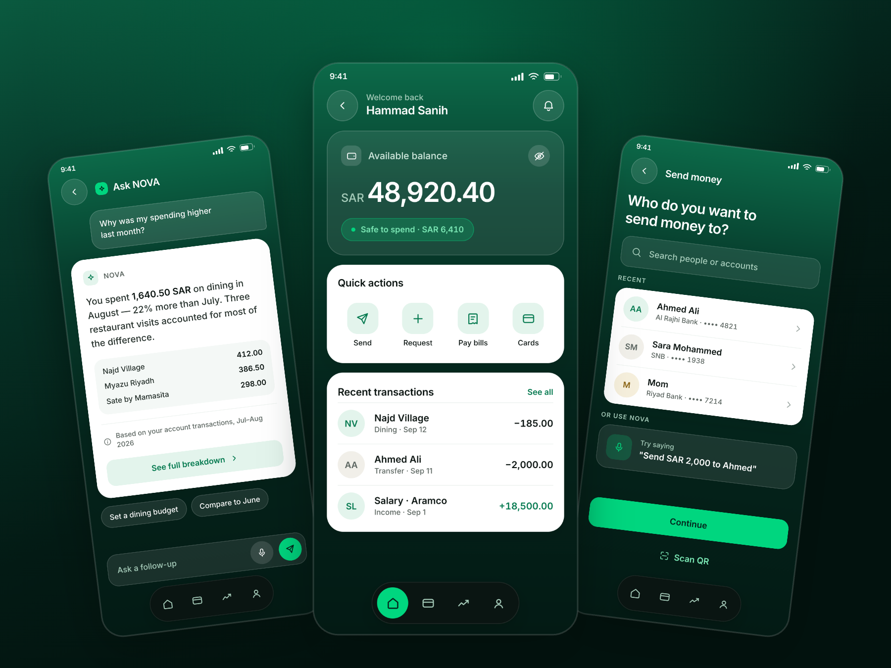 NOVA Bank mobile app screens
