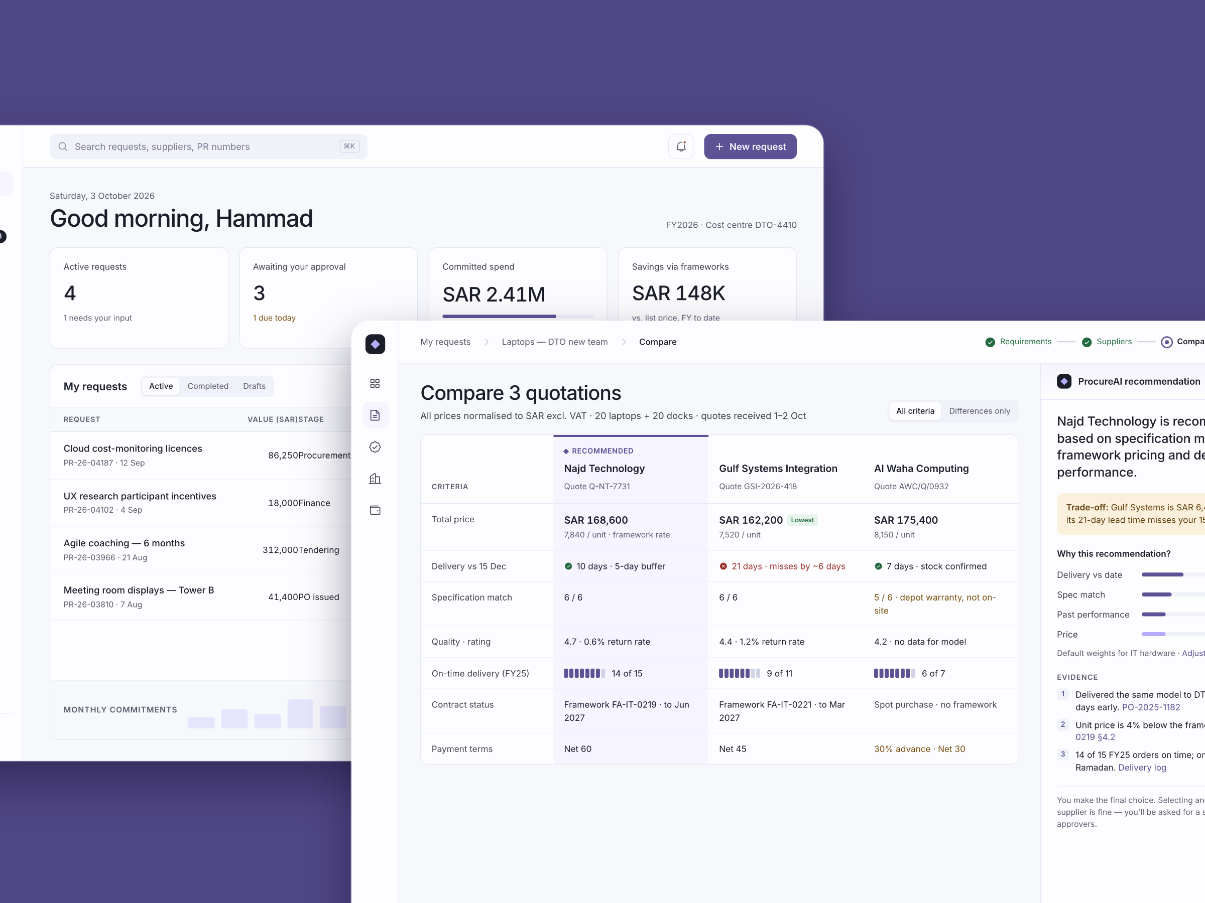 ProcureAI dashboard and supplier comparison screens